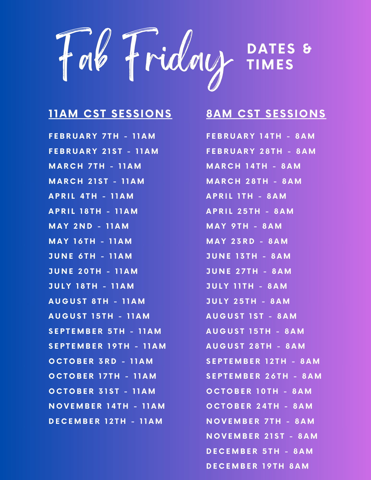Fabulous Friday Dates 2025 Fabulous Friday Dates 2025